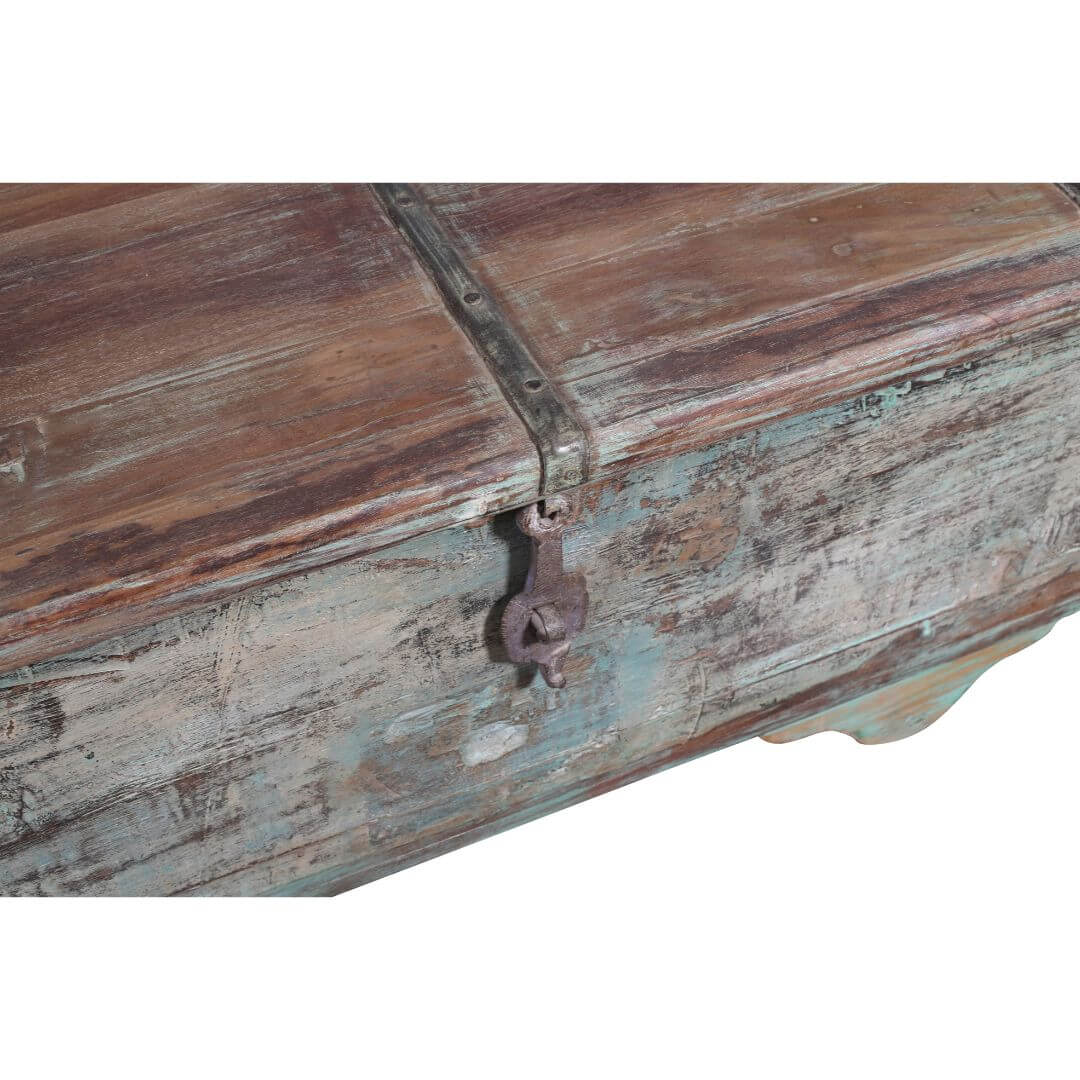 Antique Indian Teak Wood Surti Coffee Table Chest - 19th Century Blue