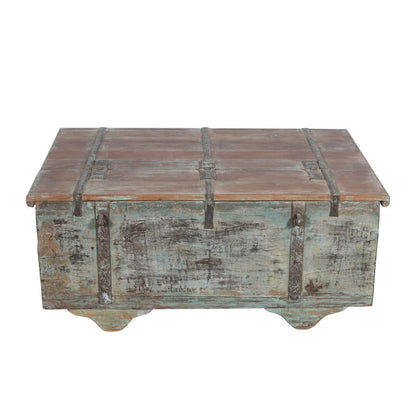 Antique Indian Teak Wood Surti Coffee Table Chest - 19th Century Blue