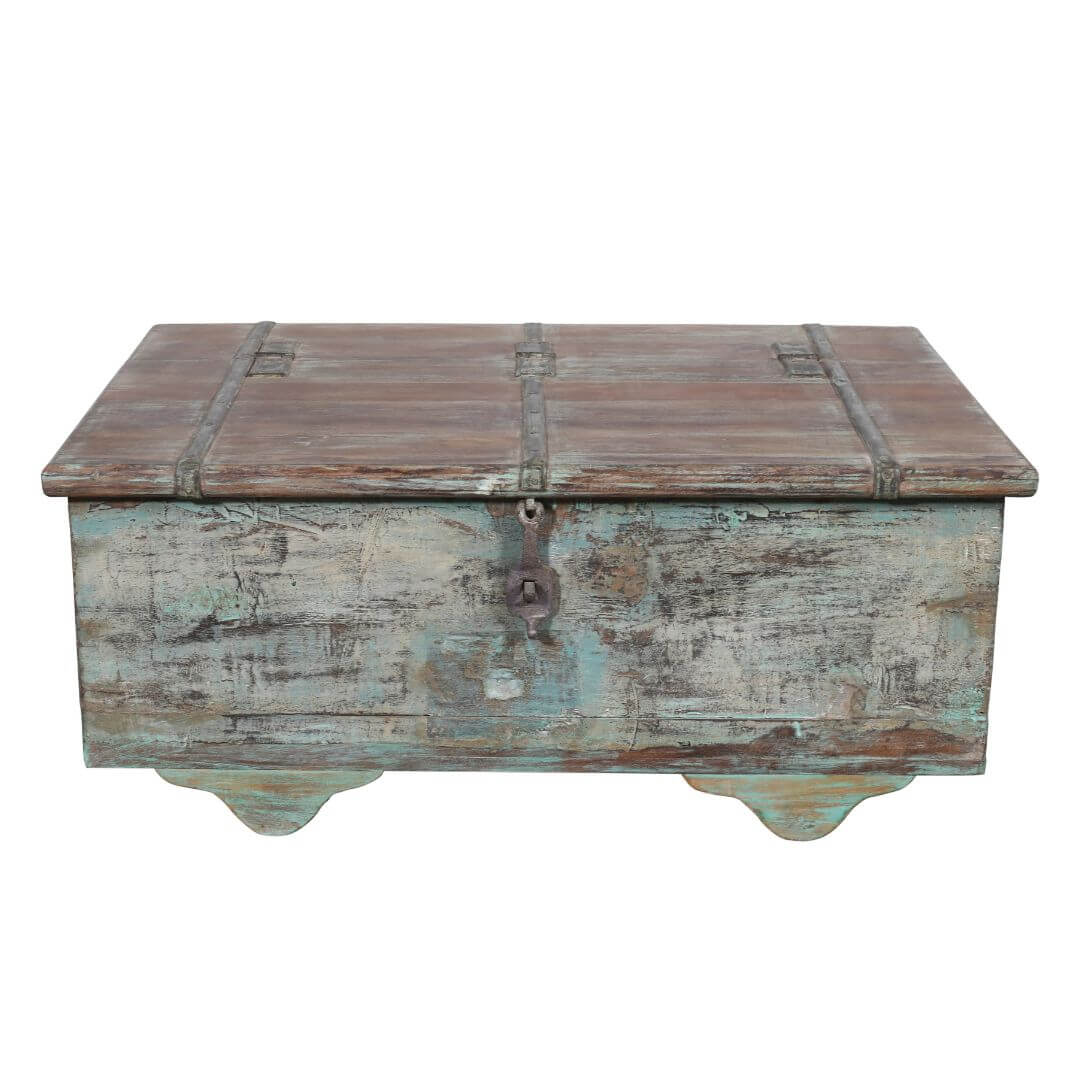 Antique Indian Teak Wood Surti Coffee Table Chest - 19th Century Blue