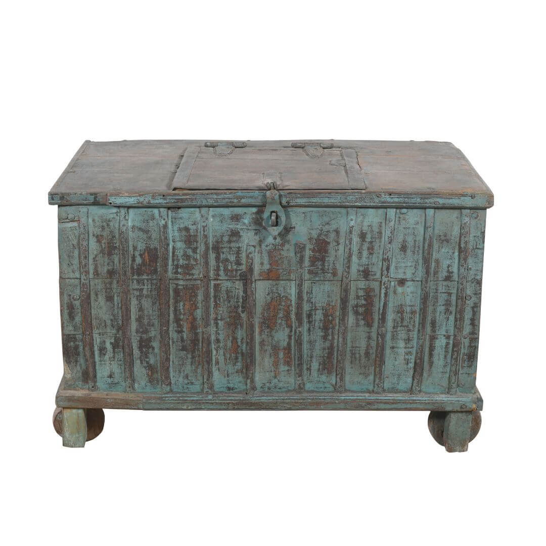 Antique Indian Teak Wood Quarter Surti Coffee Table Chest - 19th Century Blue