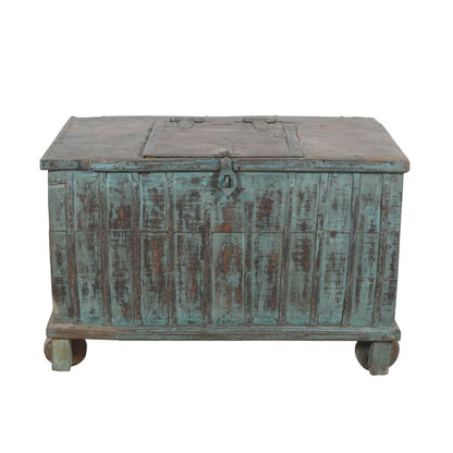 Antique Indian Teak Wood Quarter Surti Coffee Table Chest - 19th Century Blue