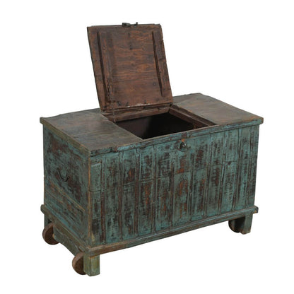 Antique Indian Teak Wood Quarter Surti Coffee Table Chest - 19th Century Blue