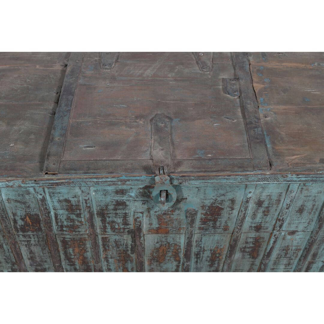 Antique Indian Teak Wood Quarter Surti Coffee Table Chest - 19th Century Blue