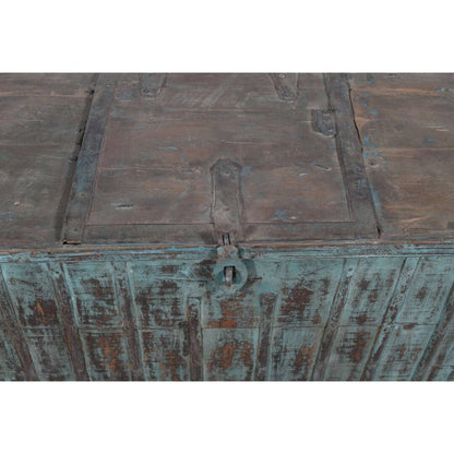 Antique Indian Teak Wood Quarter Surti Coffee Table Chest - 19th Century Blue