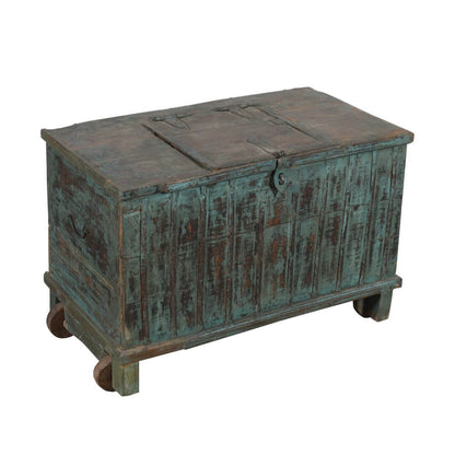 Antique Indian Teak Wood Quarter Surti Coffee Table Chest - 19th Century Blue