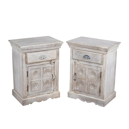 Fine Vintage Pair of Indian Bedside Cabinets with Flower Motifs