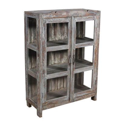 Antique Indian Teak Wood 3-Sided Glass Almirah - 1930s Kitchen Cabinet