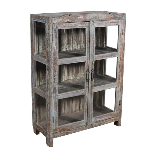 Antique Indian Teak Wood 3-Sided Glass Almirah - 1930s Kitchen Cabinet