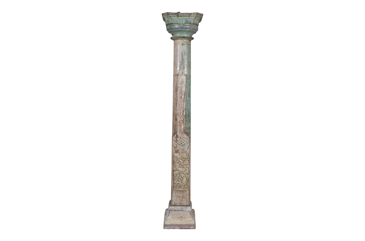 Antique Indian Teak Wood And Stone Set of 4 Pillars