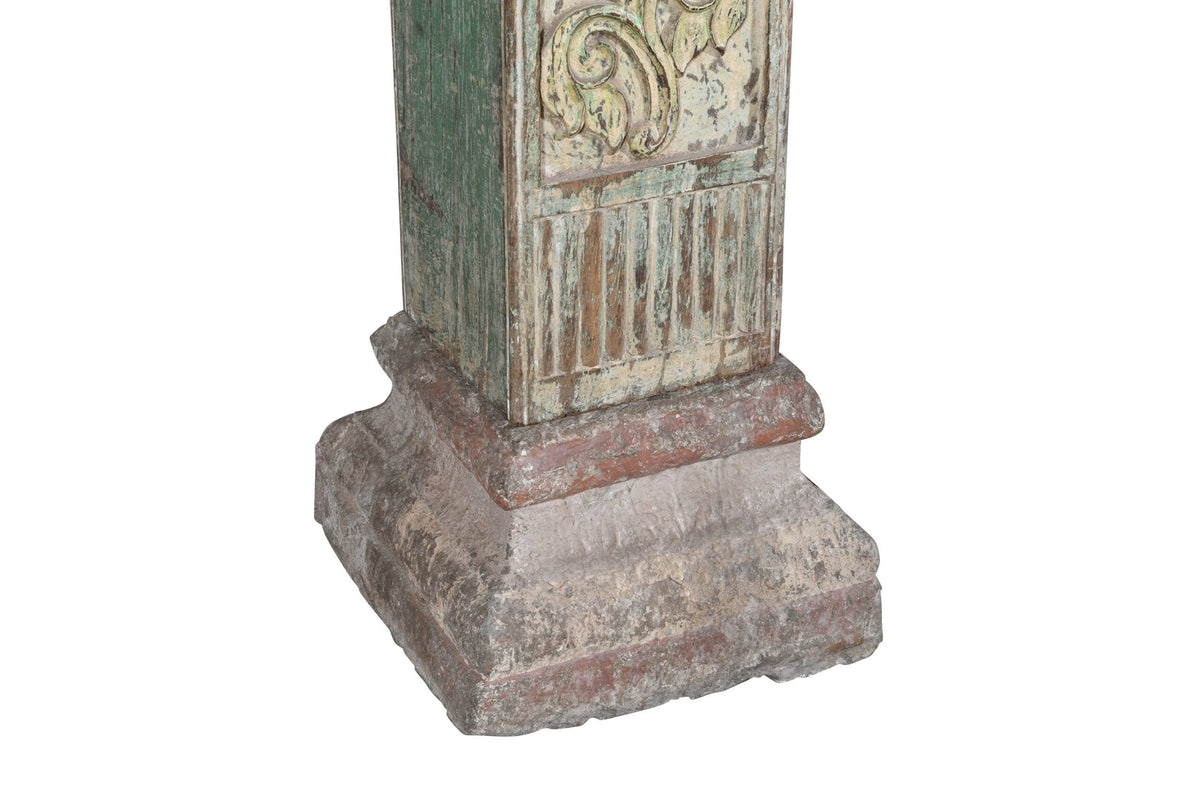 Antique Indian Teak Wood And Stone Set of 4 Pillars