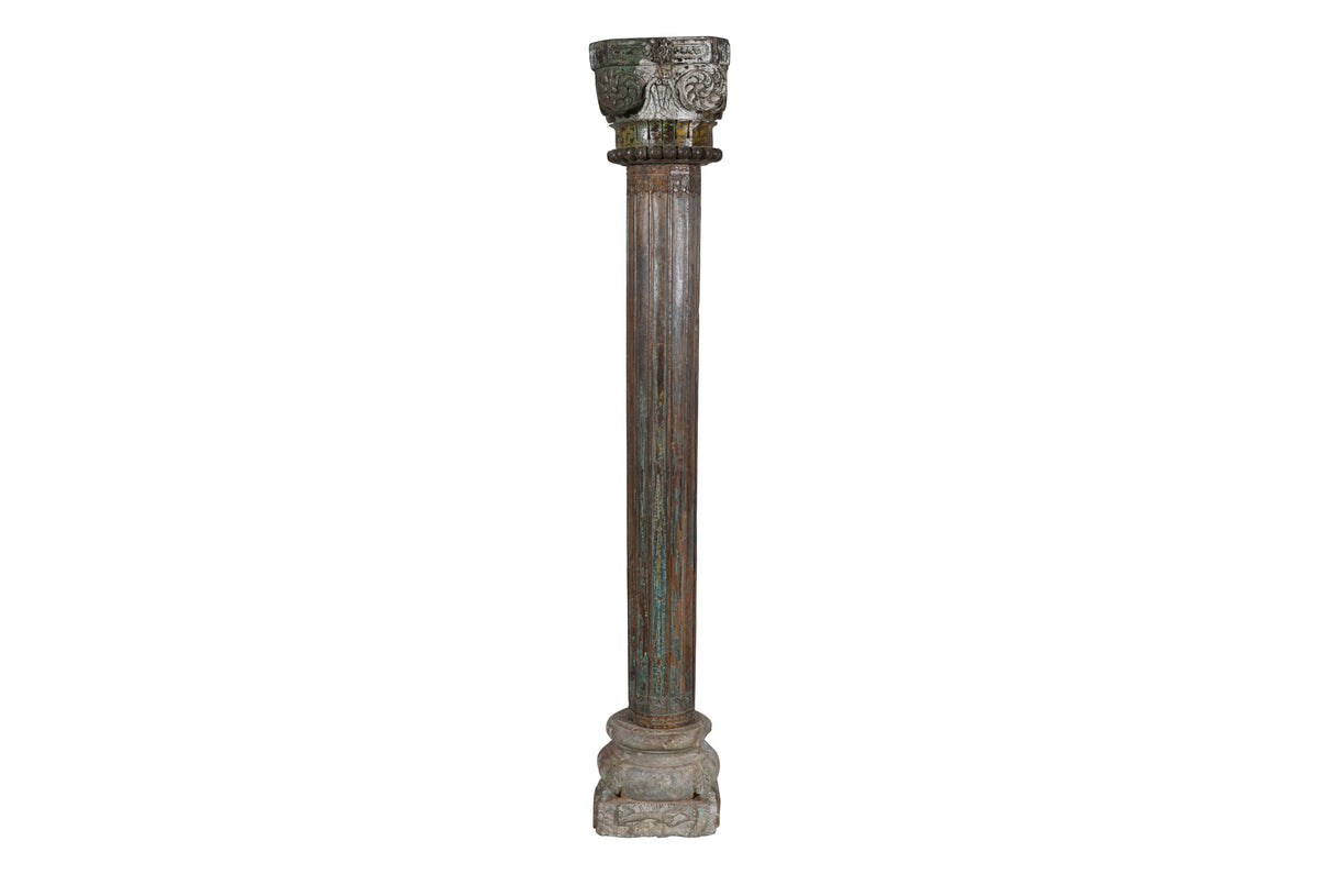 Antique Indian Teak Wood And Stone Set of 4 Pillars