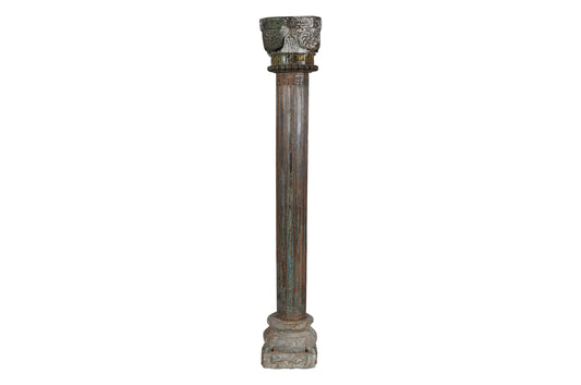 Antique Indian Teak Wood And Stone Set of 4 Pillars