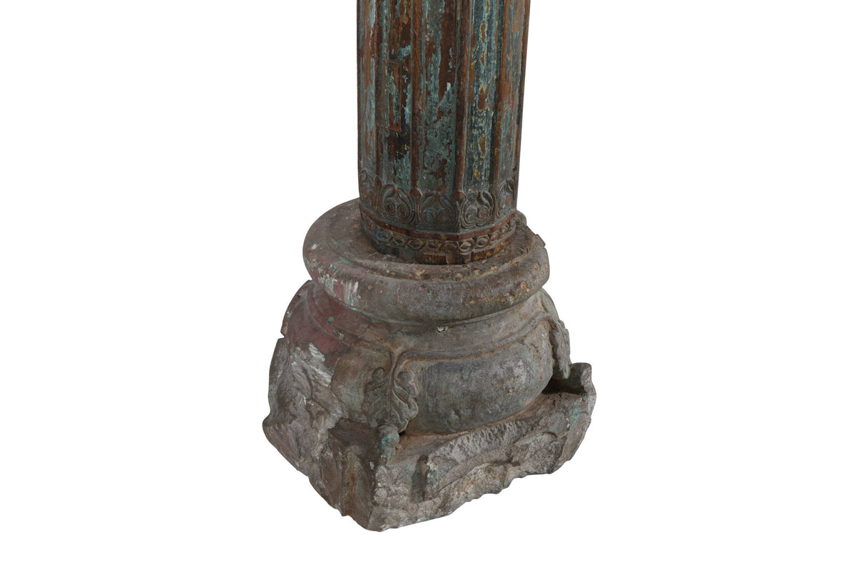 Antique Indian Teak Wood And Stone Set of 4 Pillars