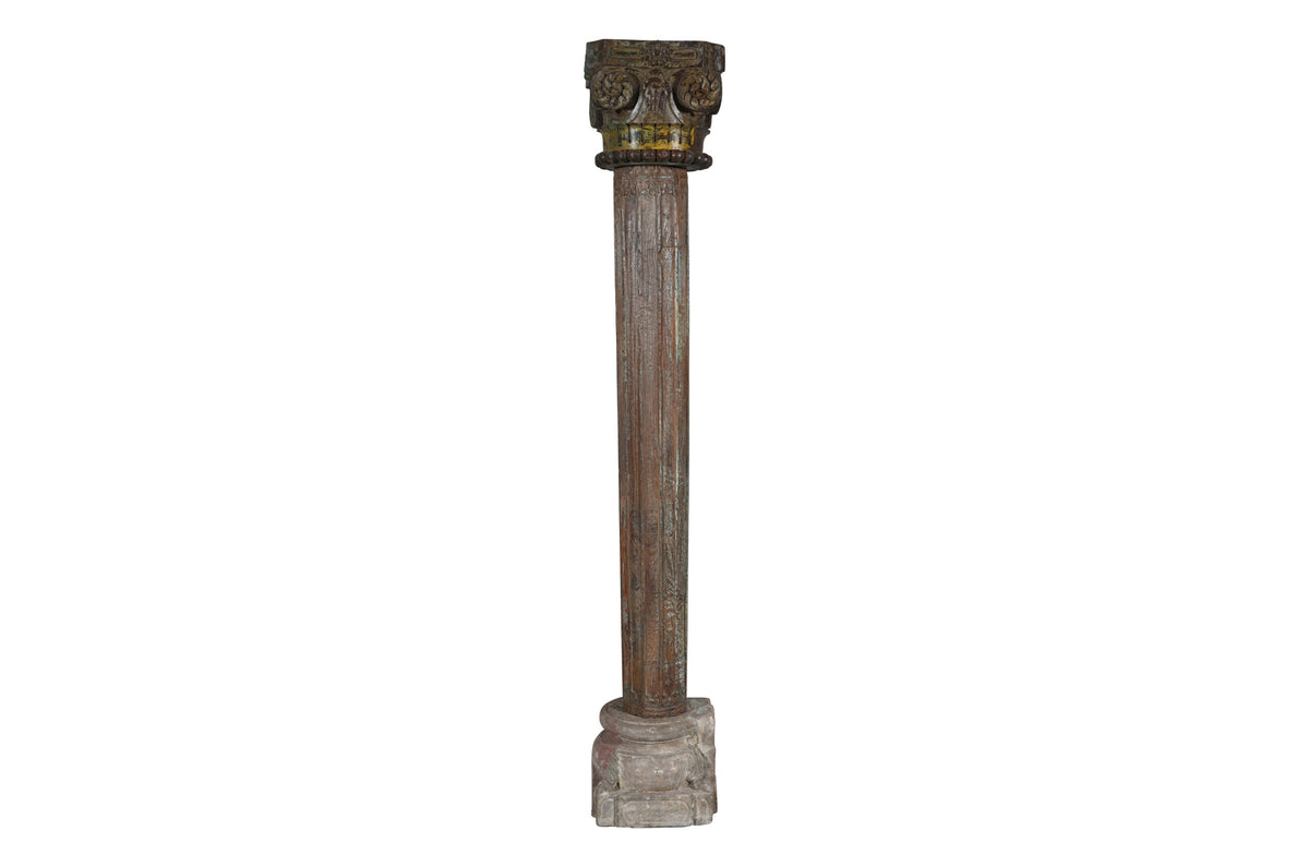 Antique Indian Teak Wood And Stone Set of 4 Pillars