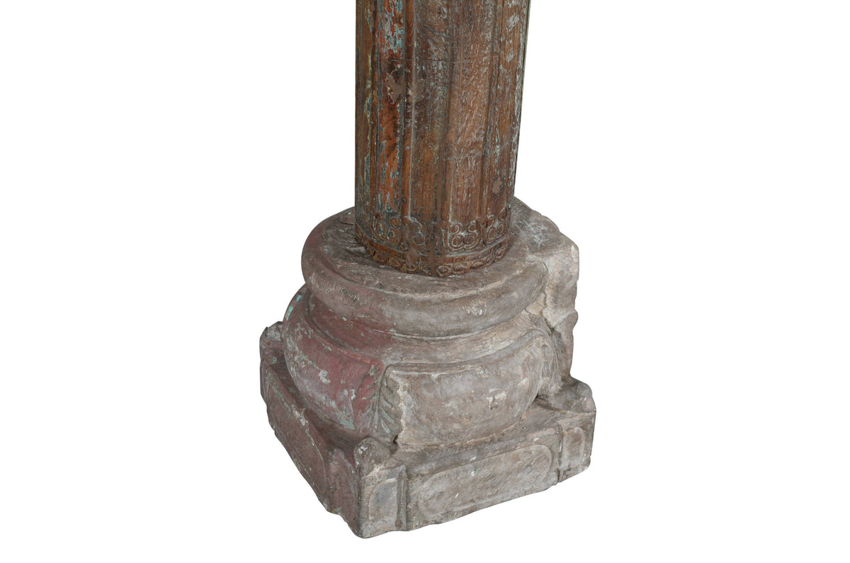 Antique Indian Teak Wood And Stone Set of 4 Pillars