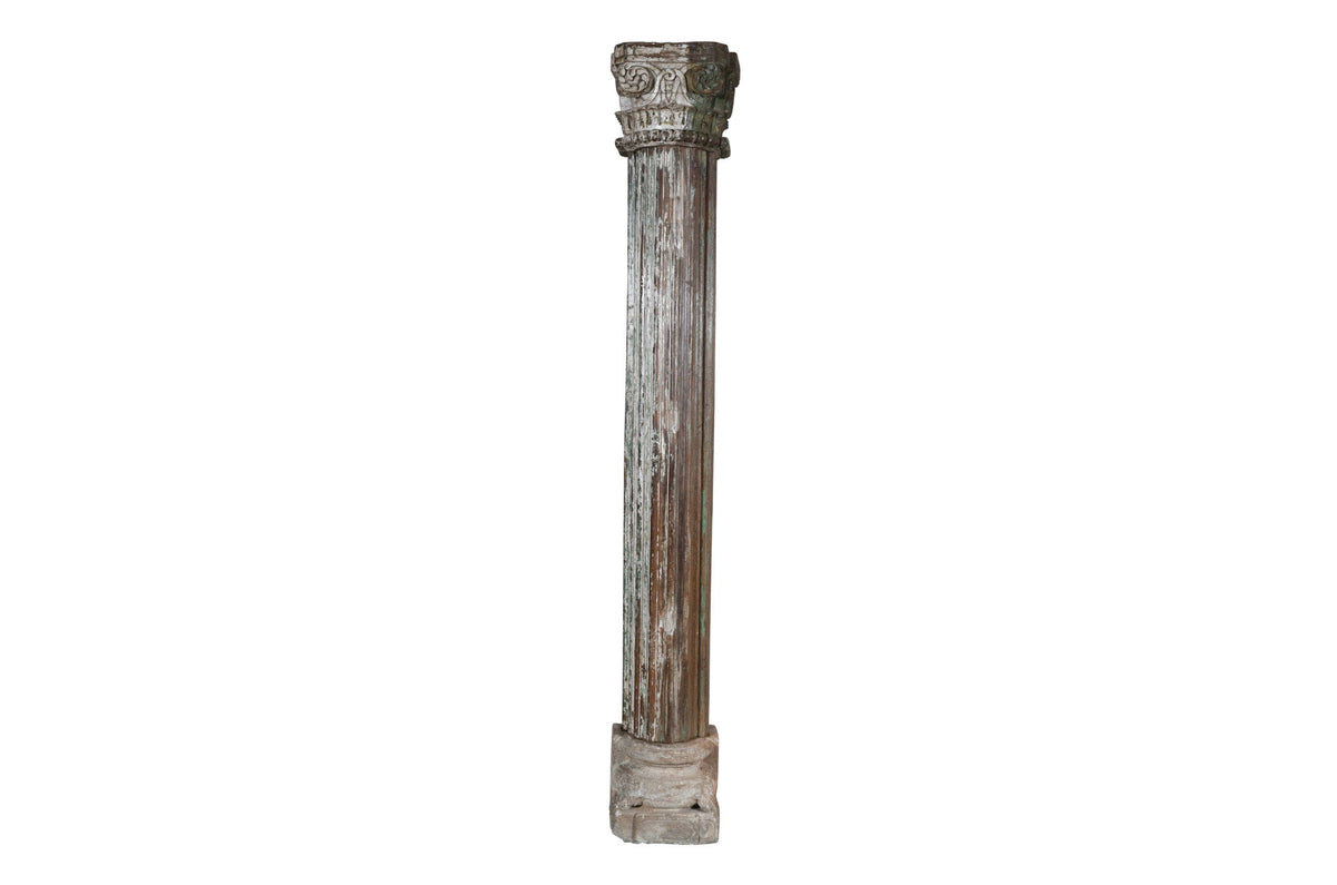 Antique Indian Teak Wood And Stone Set of 4 Pillars