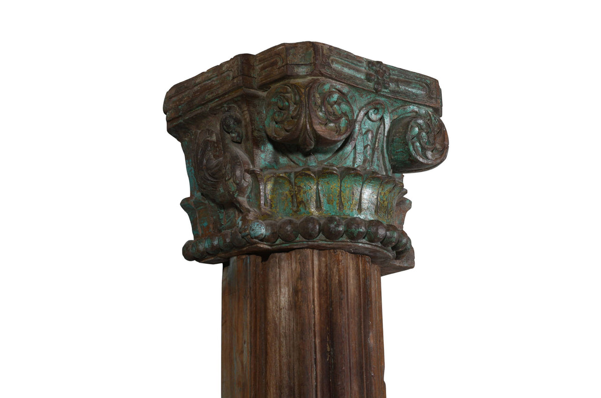 Antique Indian Teak Wood And Stone Set of 4 Pillars