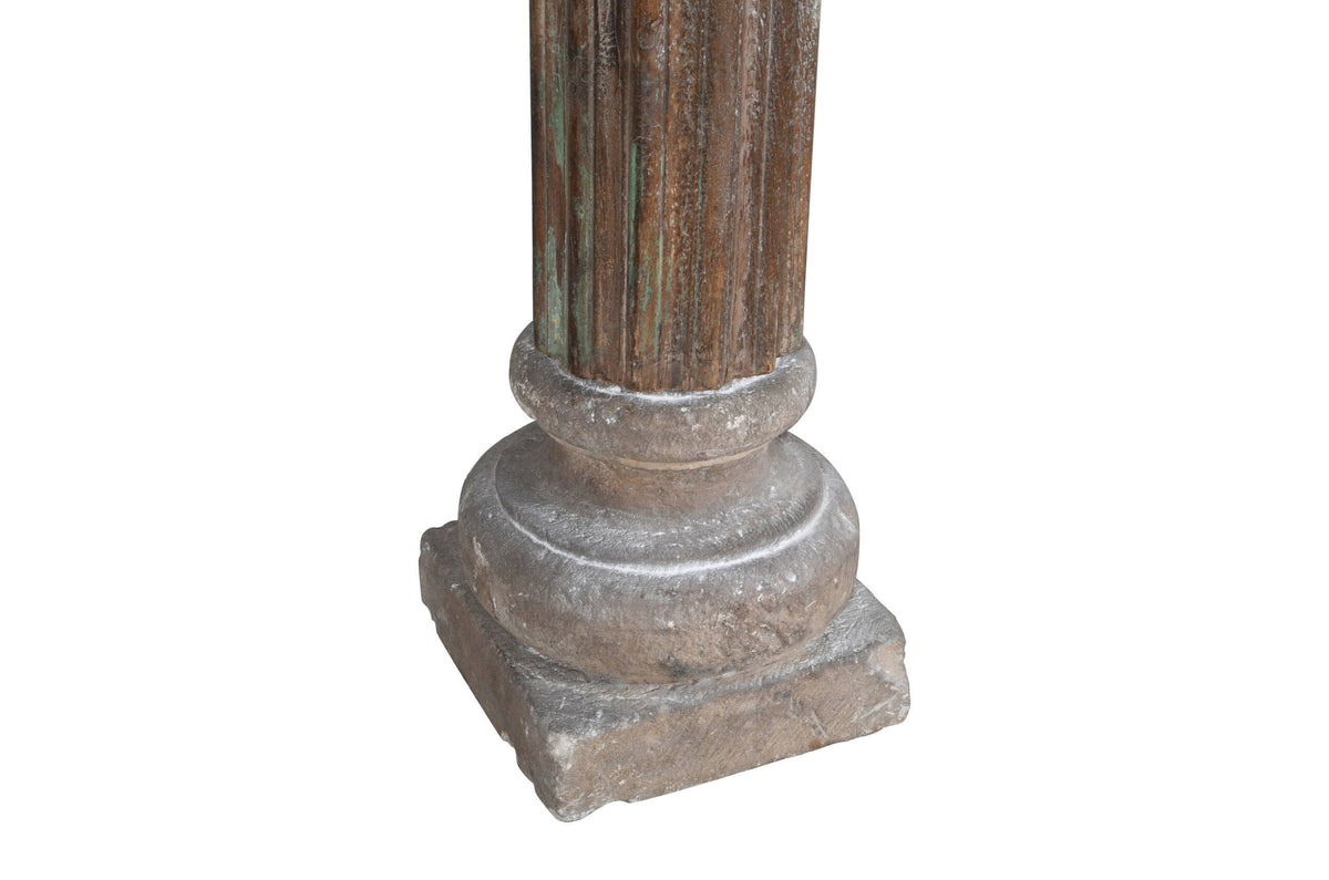 Antique Indian Teak Wood And Stone Set of 2 Pillars