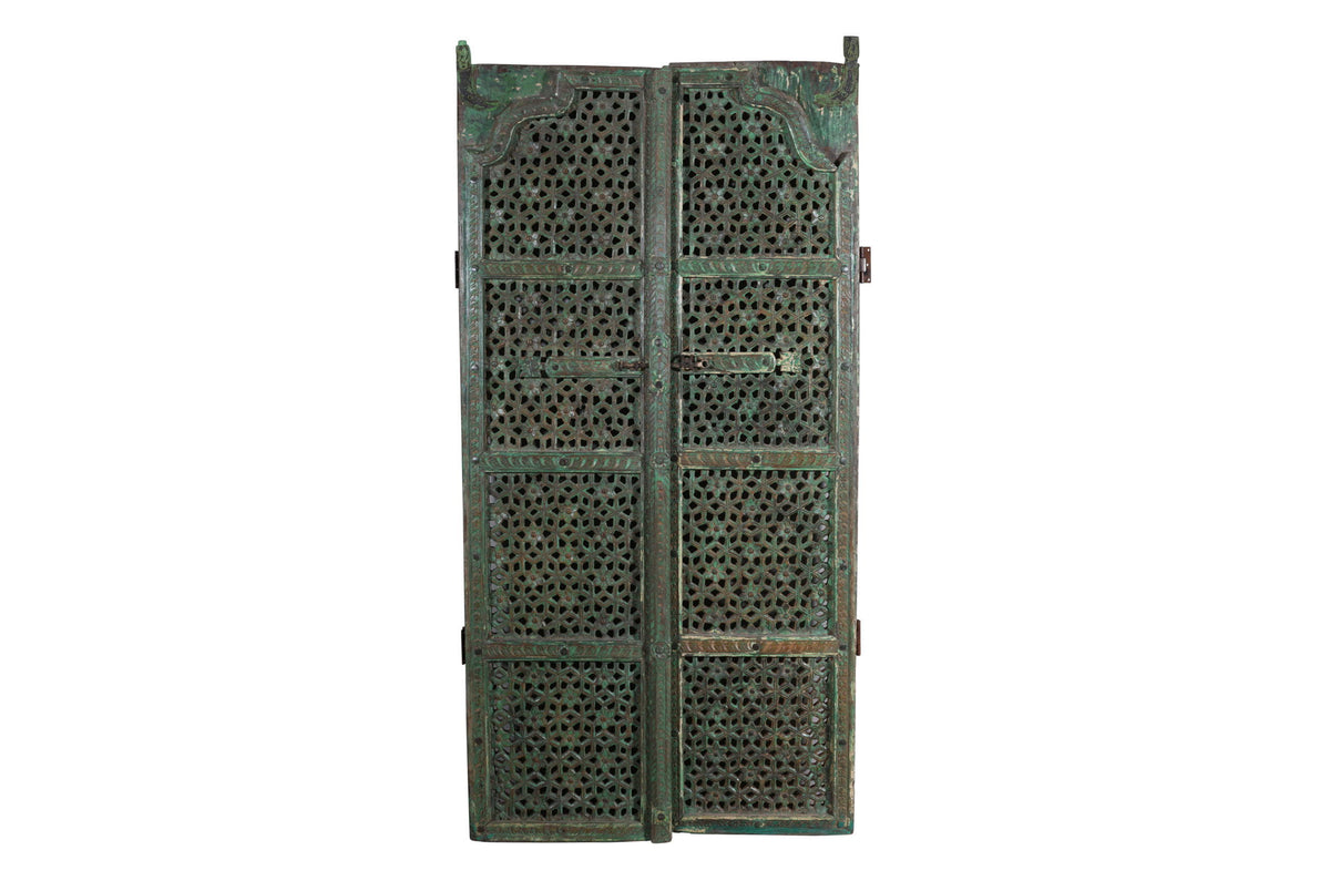 Antique Indian Jali Fretwork Teak Door Pair