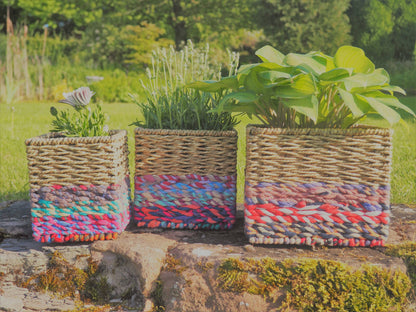 Munja And Reclaimed Sari Fabric Planter Set Of 3