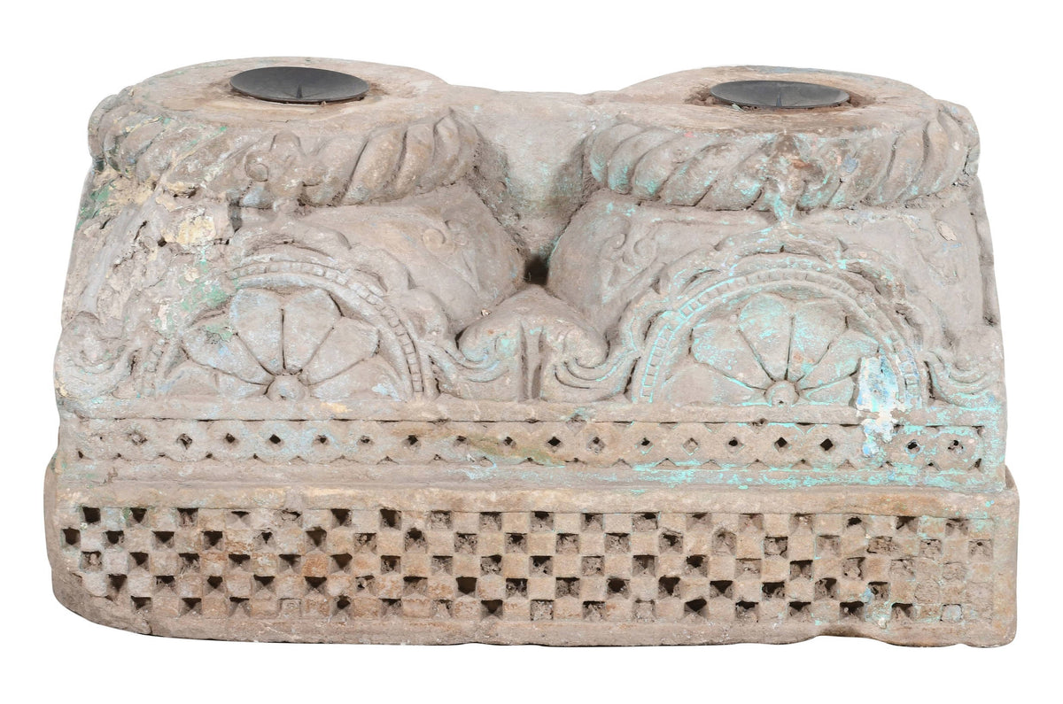 Antique Indian Hand Carved Stone Pillar Base Candle Holder