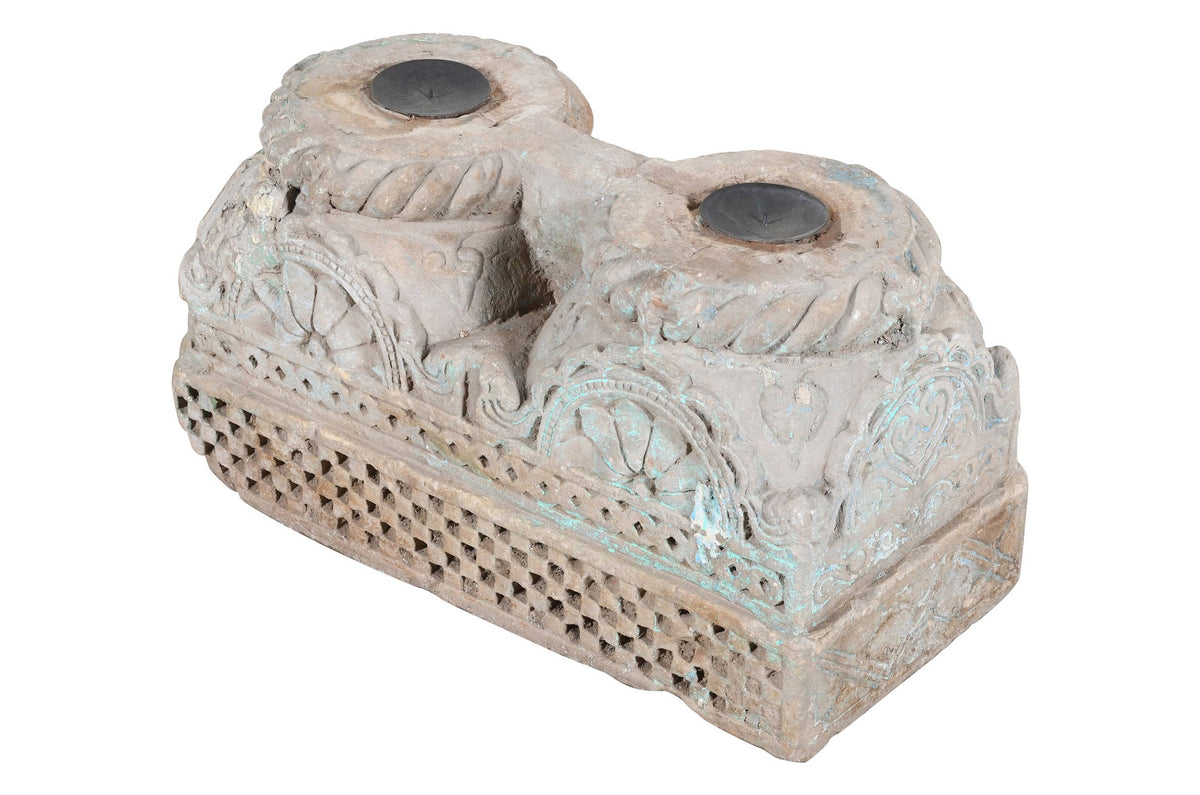 Antique Indian Hand Carved Stone Pillar Base Candle Holder