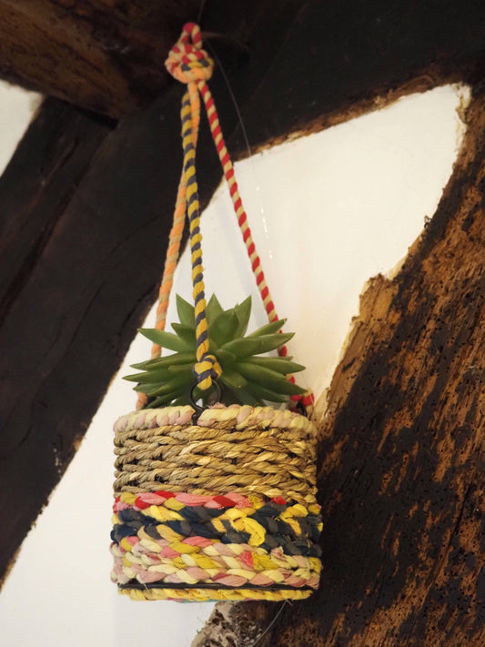 Munja and Reclaimed Fabric Eco Hanging Planter with Removable Metal Liner - Small