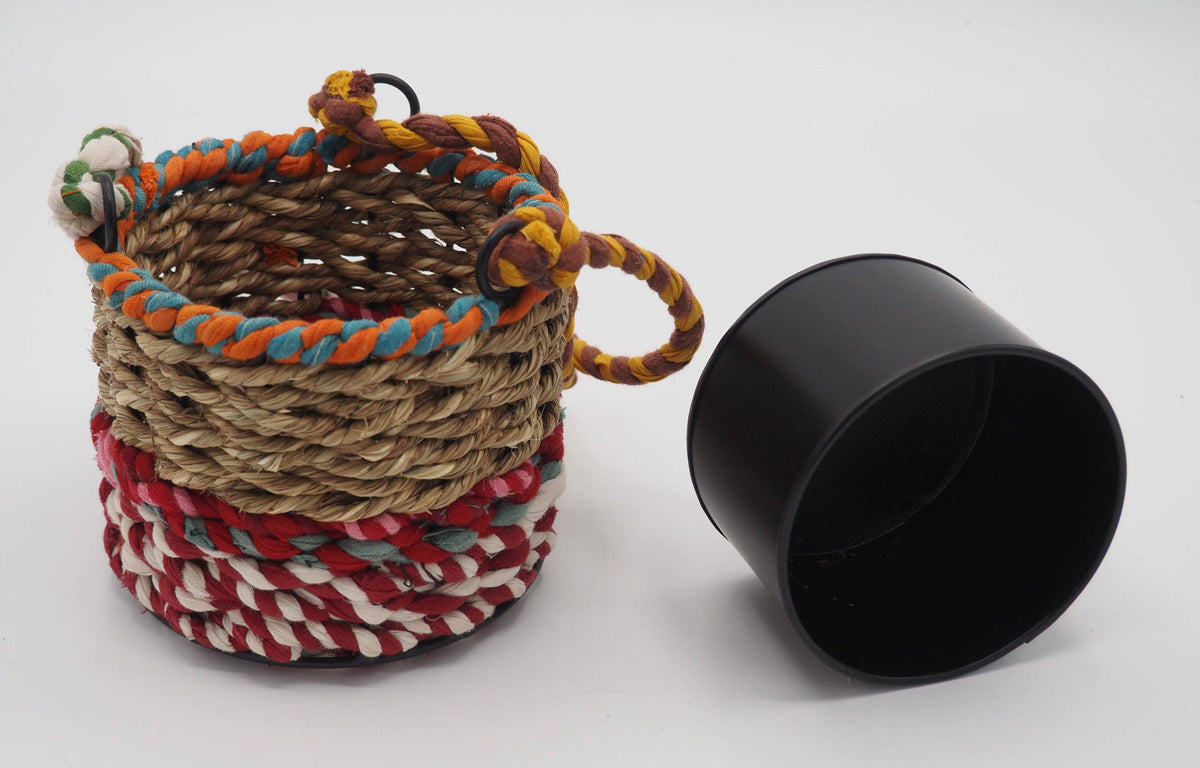 Munja and Reclaimed Fabric Eco Hanging Planter with Removable Metal Liner - Small