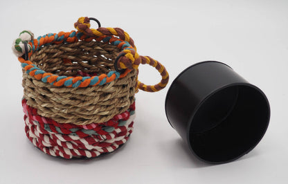 Munja and Reclaimed Fabric Eco Hanging Planter with Removable Metal Liner - Small
