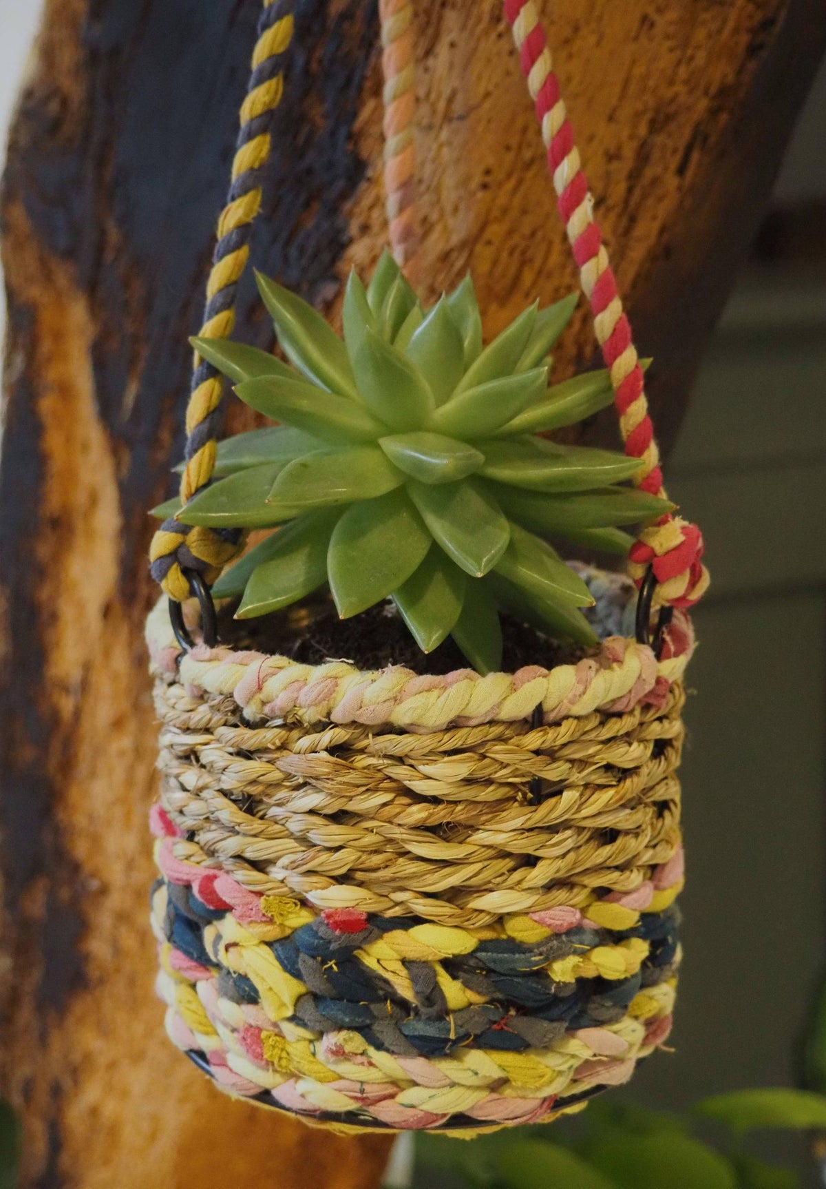 Munja and Reclaimed Fabric Eco Hanging Planter with Removable Metal Liner - Small