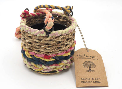 Munja and Reclaimed Fabric Eco Hanging Planter with Removable Metal Liner - Small