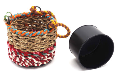 Munja and Reclaimed Fabric Eco Hanging Planter with Removable Metal Liner - Small