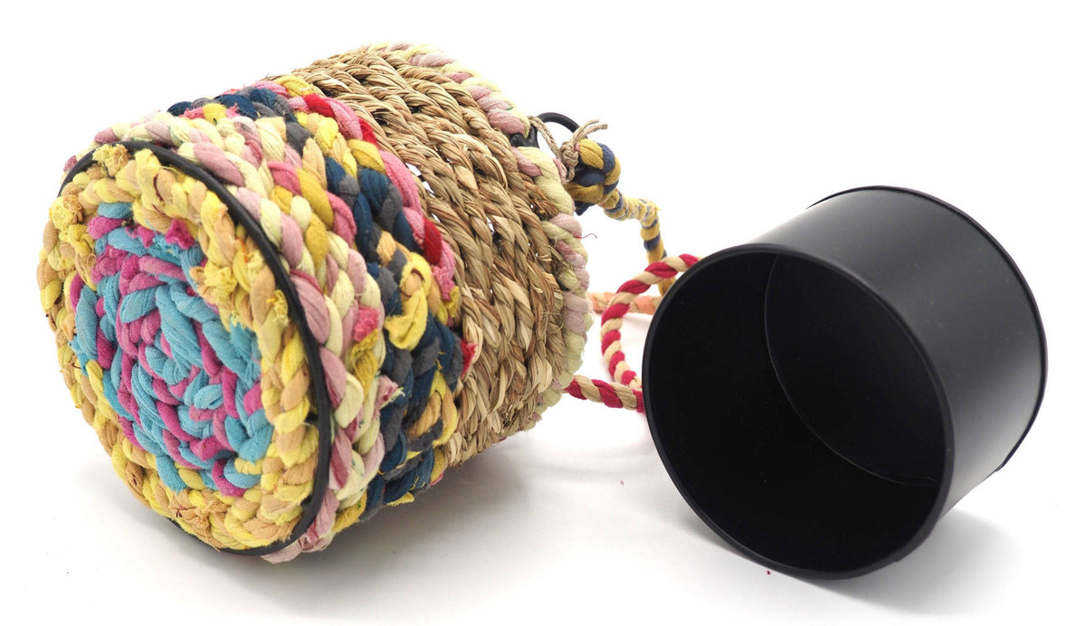Munja and Reclaimed Fabric Eco Hanging Planter with Removable Metal Liner - Small