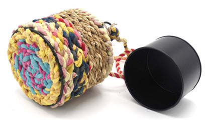 Munja and Reclaimed Fabric Eco Hanging Planter with Removable Metal Liner - Small