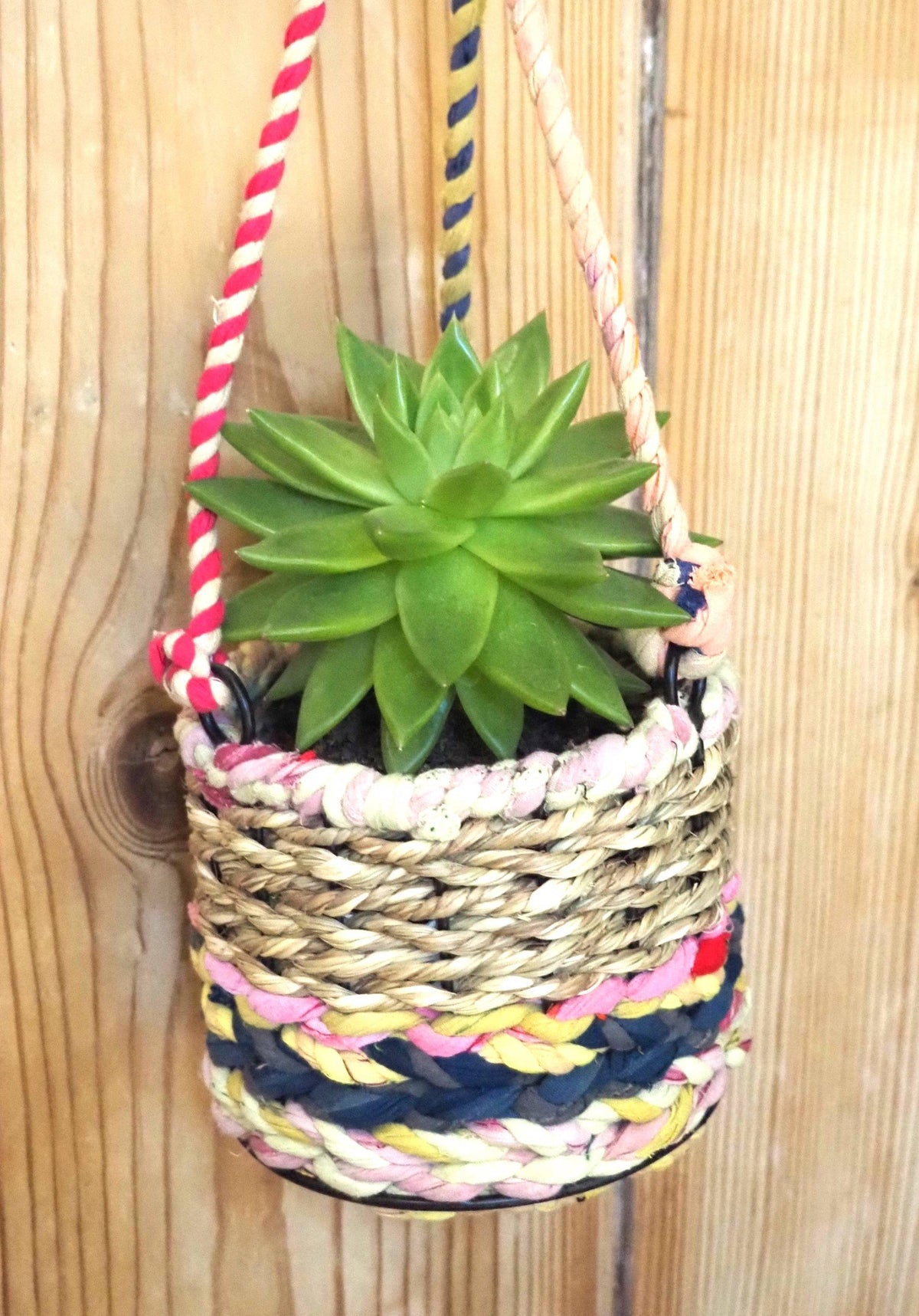 Munja and Reclaimed Fabric Eco Hanging Planter with Removable Metal Liner - Small
