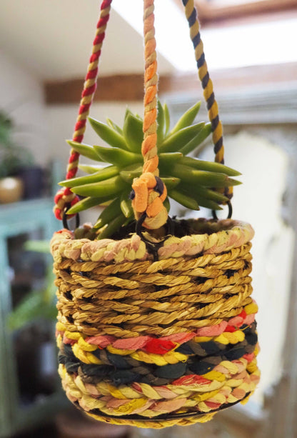 Munja and Reclaimed Fabric Eco Hanging Planter with Removable Metal Liner - Small