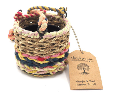 Munja and Reclaimed Fabric Eco Hanging Planter with Removable Metal Liner - Small