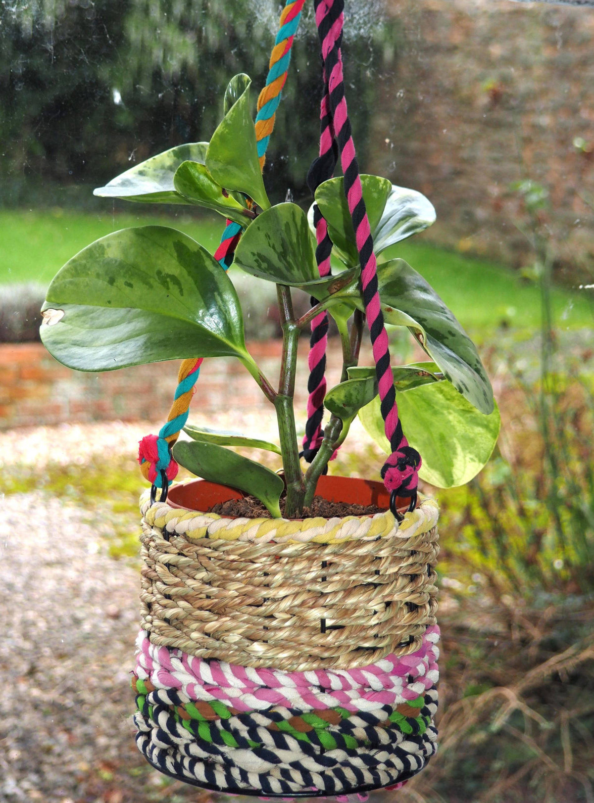 Munja and Reclaimed Fabric Eco Hanging Planter with Removable Metal Liner - Medium