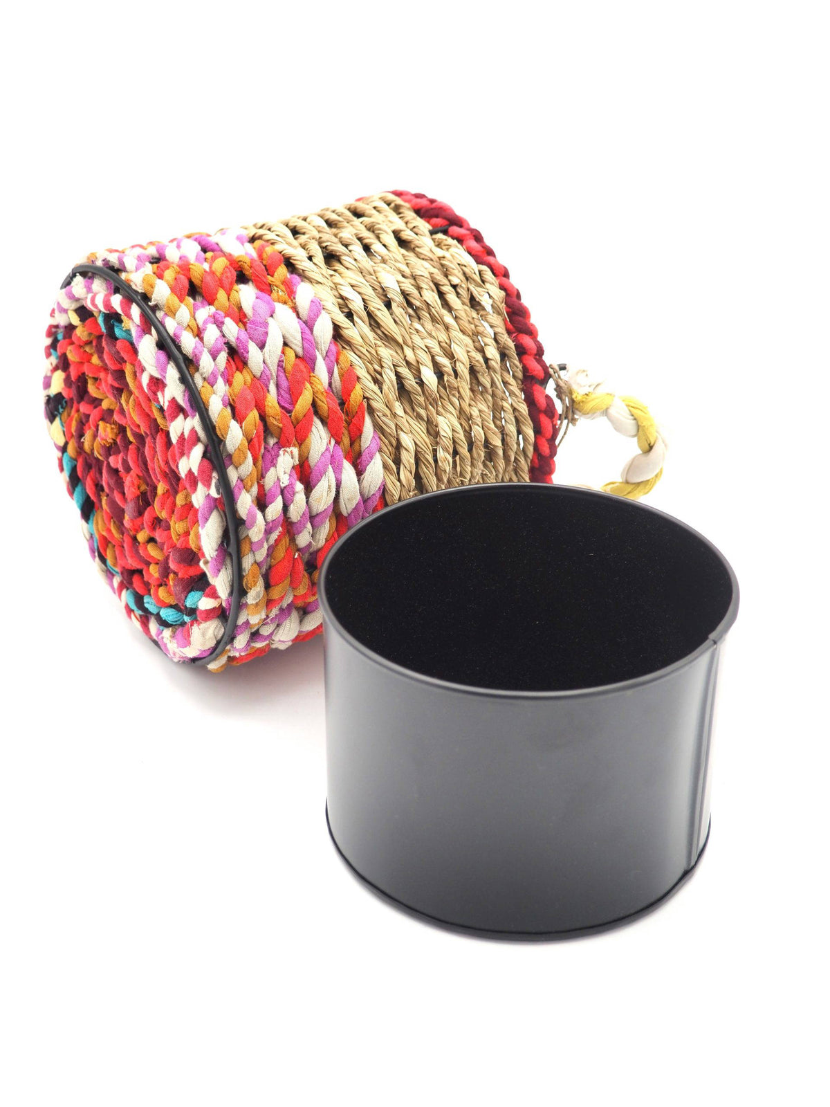 Munja and Reclaimed Fabric Eco Hanging Planter with Removable Metal Liner - Medium