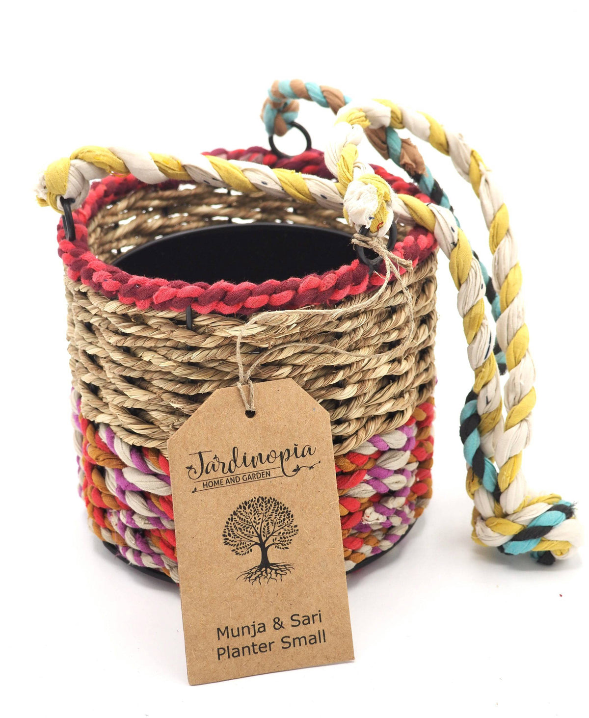 Munja and Reclaimed Fabric Eco Hanging Planter with Removable Metal Liner - Medium