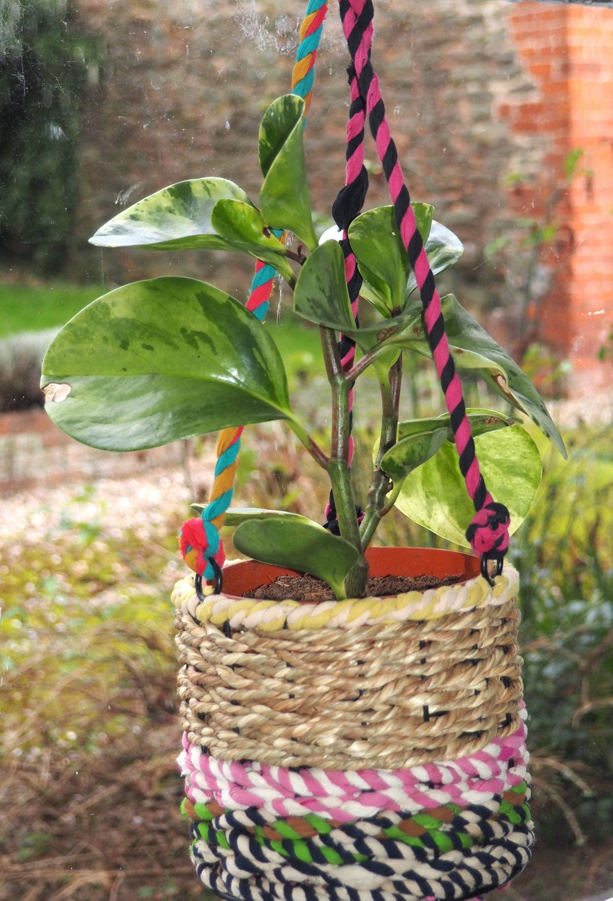 Munja and Reclaimed Fabric Eco Hanging Planter with Removable Metal Liner - Medium