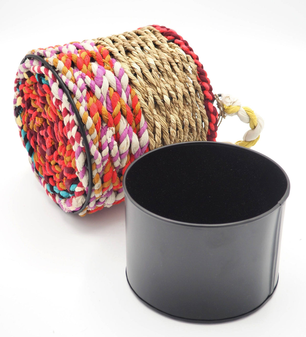 Munja and Reclaimed Fabric Eco Hanging Planter with Removable Metal Liner - Medium