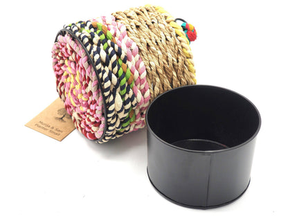 Munja and Reclaimed Fabric Eco Hanging Planter with Removable Metal Liner - Medium