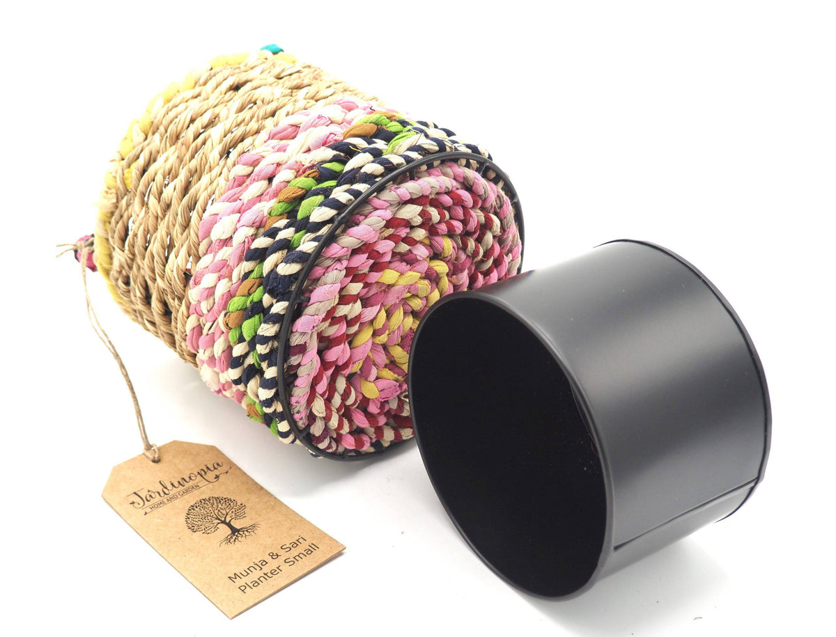 Munja and Reclaimed Fabric Eco Hanging Planter with Removable Metal Liner - Medium