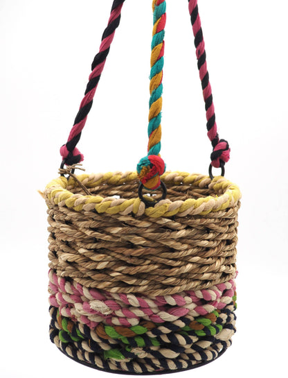 Munja and Reclaimed Fabric Eco Hanging Planter with Removable Metal Liner - Medium
