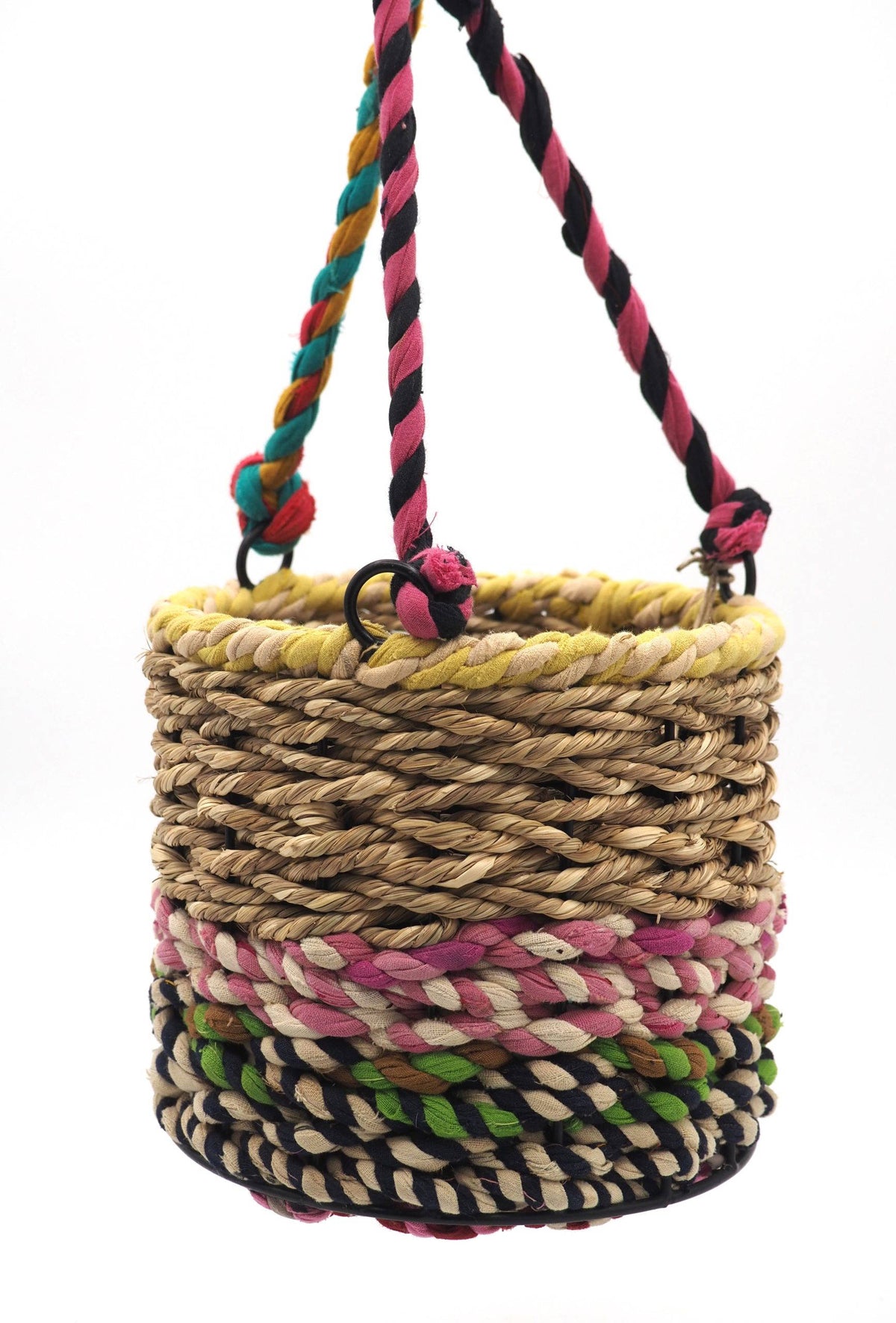 Munja and Reclaimed Fabric Eco Hanging Planter with Removable Metal Liner - Medium