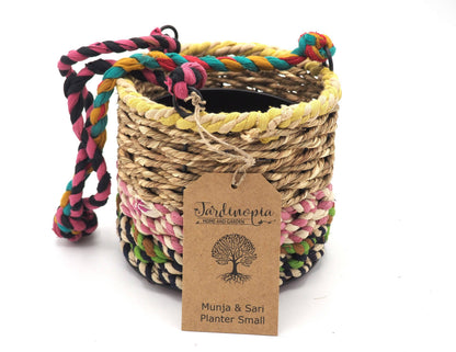 Munja and Reclaimed Fabric Eco Hanging Planter with Removable Metal Liner - Medium