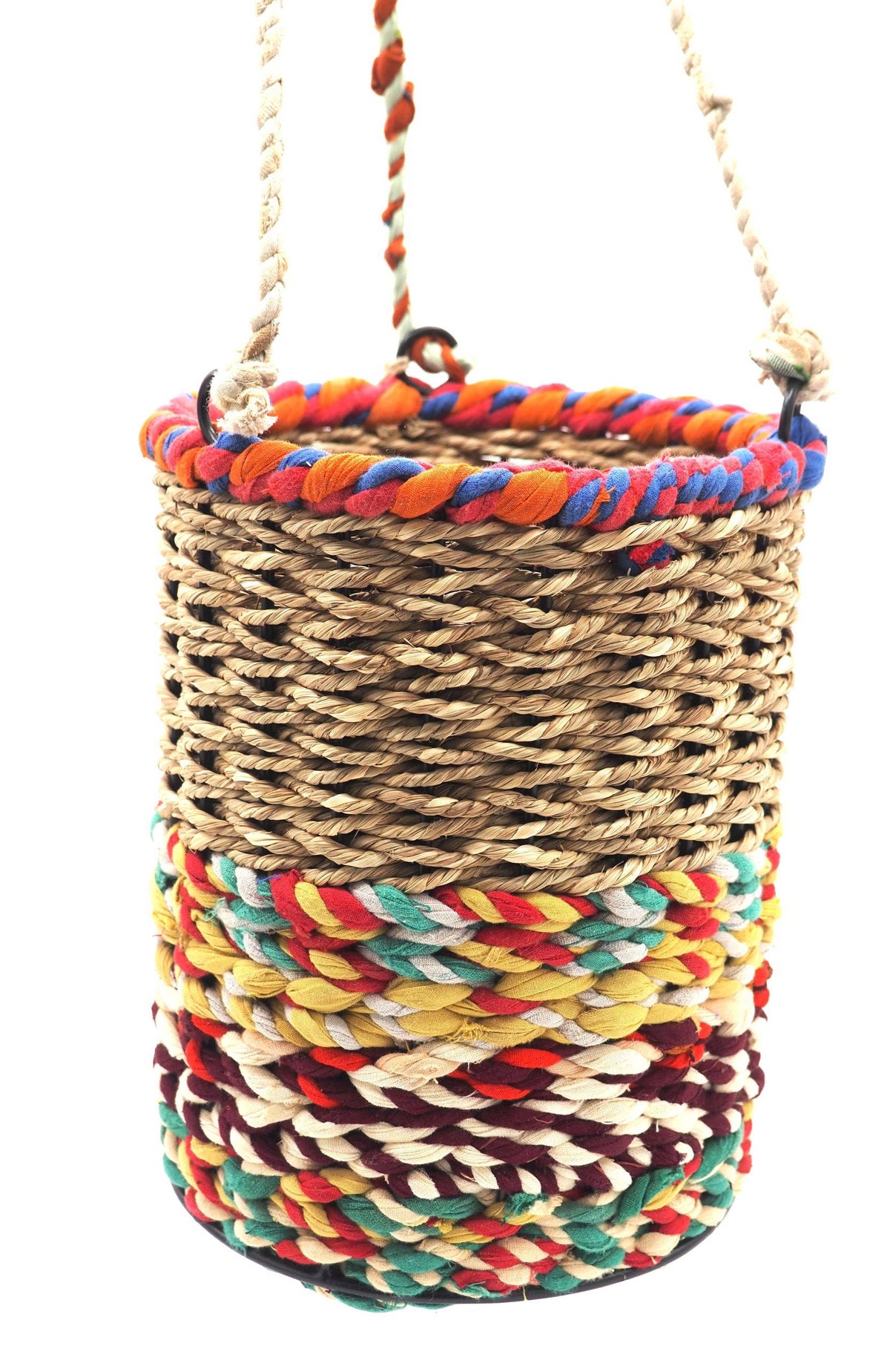 Munja and Reclaimed Fabric Eco Hanging Planter with Removable Metal Liner - Set of 3