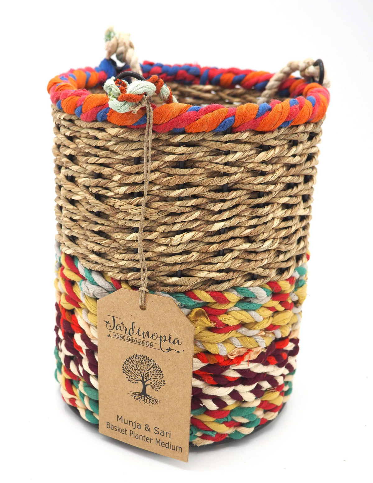 Munja and Reclaimed Fabric Eco Hanging Planter with Removable Metal Liner - Small / Tall