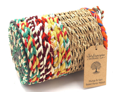 Munja and Reclaimed Fabric Eco Hanging Planter with Removable Metal Liner - Small / Tall